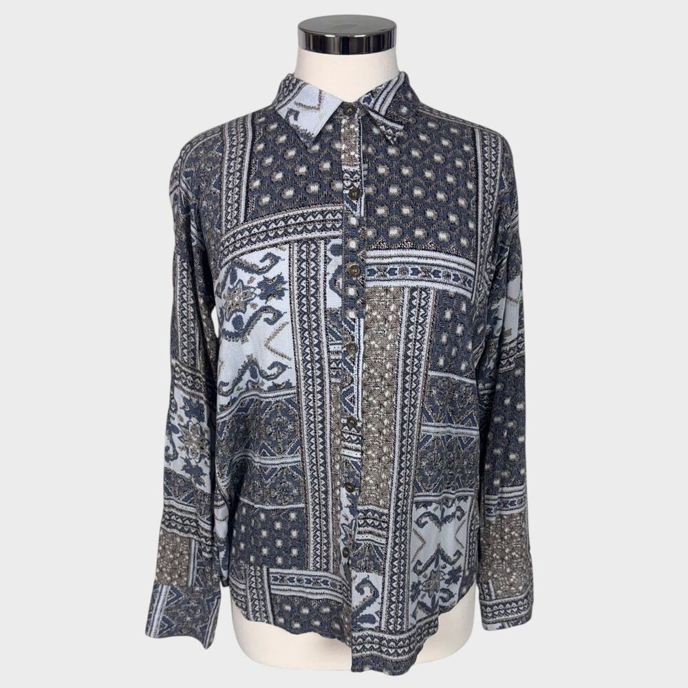 Mystree Small Blue Gray Pattern Button Front Wome… - image 1